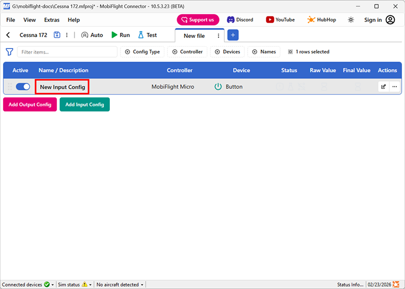 Screenshot of the main window with the New Input Config row text highlighted.