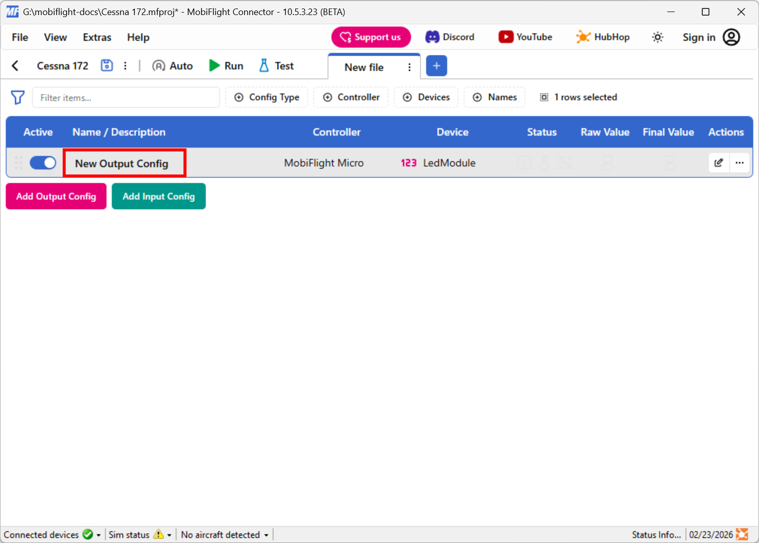 Screenshot of the main window with the New Output Config row text highlighted.