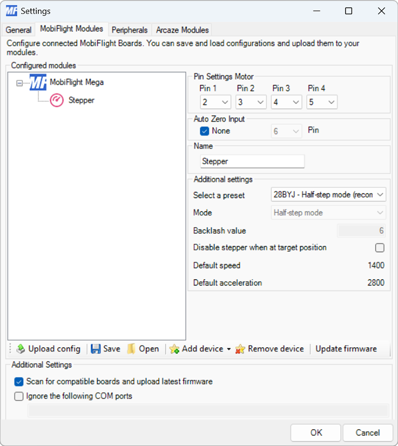 Screenshot of the settings for a stepper motor, with pin 2, 3, 4, and 5 selected, Stepper as the name, and the 28BYJ - Half-step mode (recommended) preset selected.