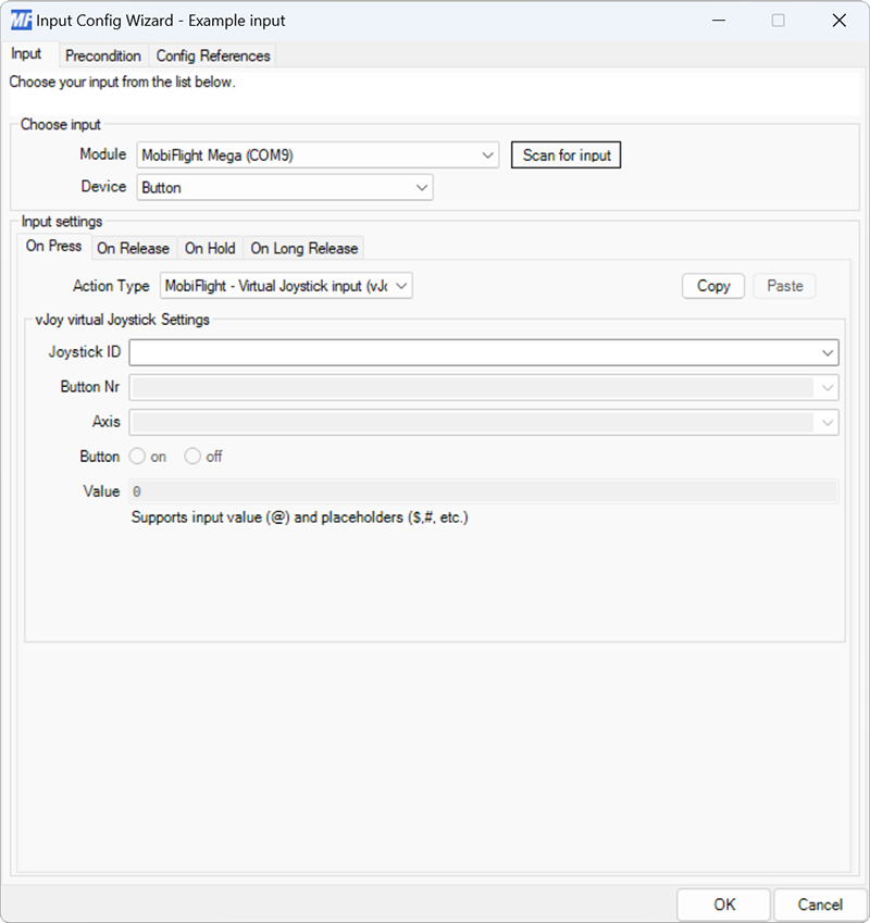 Screenshot of a button input with the MobiFlight - Virtual Joystick input (vJoy) action type selected.
