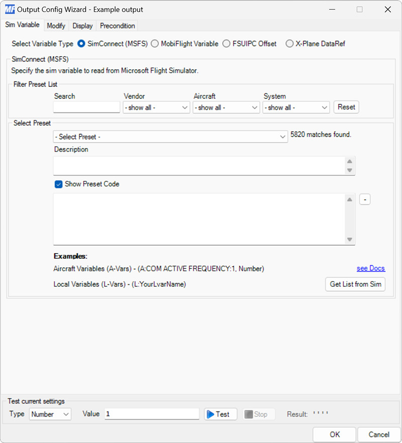 Screenshot of an output configuration with the SimConnect (MSFS) output variable type selected and the Show Preset Code checkbox checked.