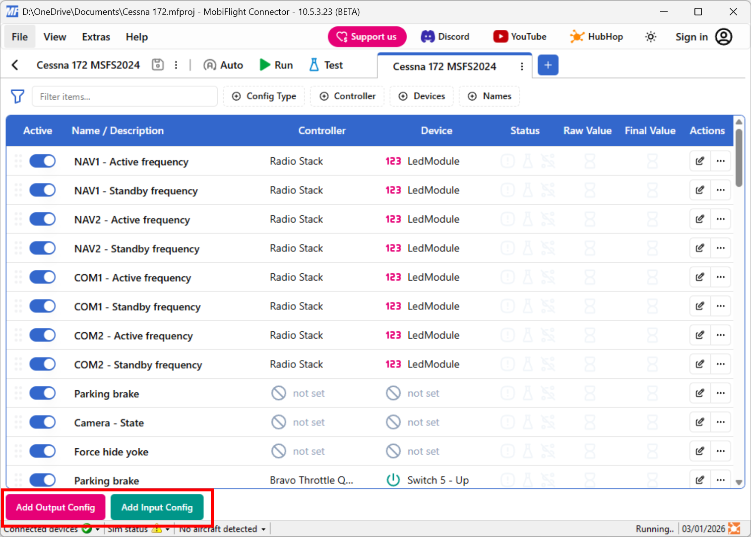 Screenshot of the main window with the Add Output Config and Add Input Config buttons highlighted.