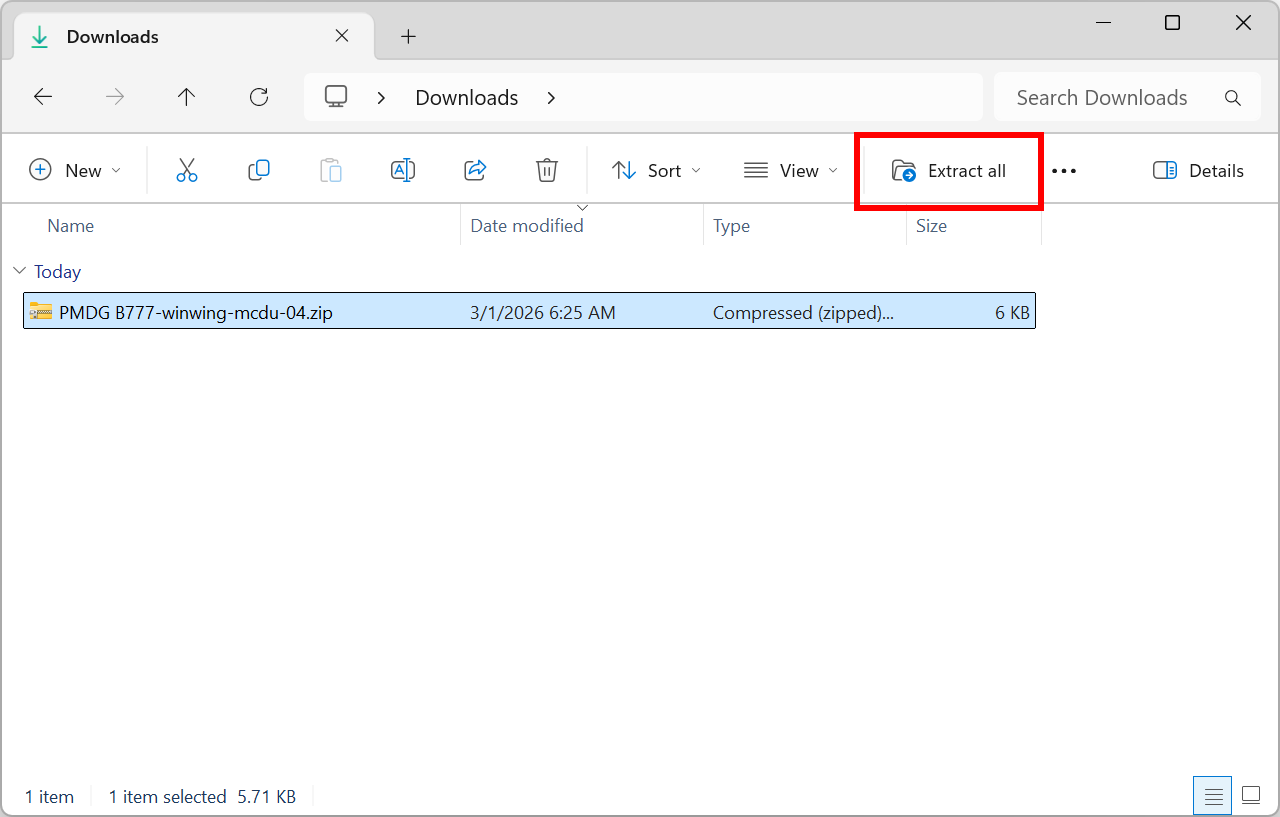 Screenshot of the Windows File Explorer with a downloaded profile zip file selected and the Extract all button highlighted.