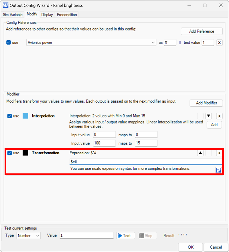 Screenshot of an output configuration with a Transform modifier added to the Modify tab.