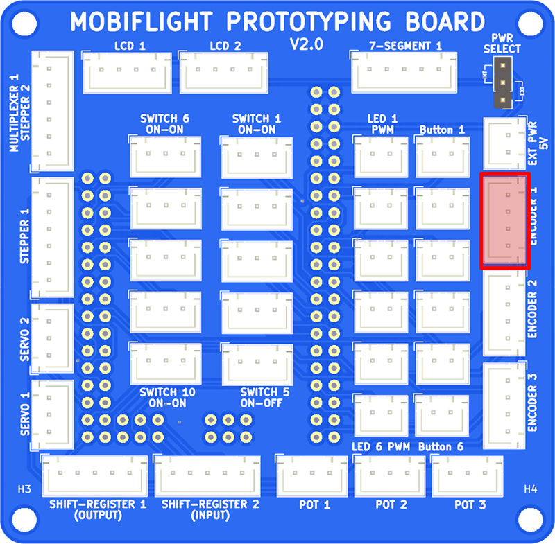 Photo of a prototype board with the encoder connection highlighted.